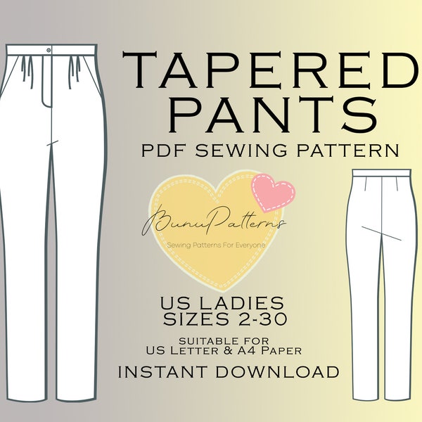 Tapered Pants Sewing Pattern, Straight Pants PDF Sewing, Instant Download, Easy Digital Pdf, US Sizes 2-30, Plus Size Pattern, Trousers