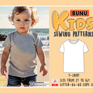 Patron de couture de t-shirt pour enfant, T-shirt unisexe à manches courtes pour tout-petits, patron de couture PDF, motifs de couture pour enfants, taille 2T-16 ans téléchargement immédiat