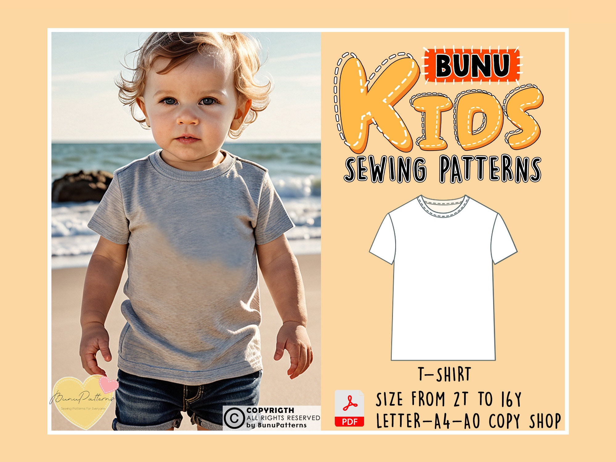 Kids' Unisex T-Shirt Sewing Pattern: Toddler Sizes 2T-16Y (PDF Pattern)