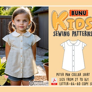 Girl Peter Pan Collar Shirt Sewing Pattern, Cap Sleeve Girl Shirt PDF Sewing Pattern, Kid Sewing Patterns, 2T-16Y Sizes, Instant Download image 2