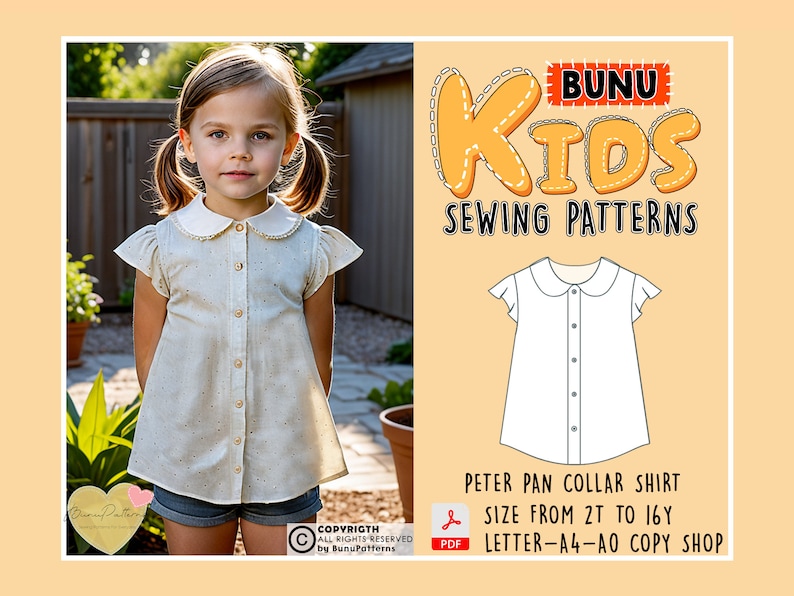 Girl Peter Pan Collar Shirt Sewing Pattern, Cap Sleeve Girl Shirt PDF Sewing Pattern, Kid Sewing Patterns, 2T-16Y Sizes, Instant Download image 2