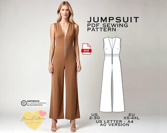 Wide Leg Full Jumpsuit Sewing Pattern, Woman Clothing PDF Sewing Pattern Instant Download, Easy Digital Pdf, US Sizes 2-30 Plus Size Pattern