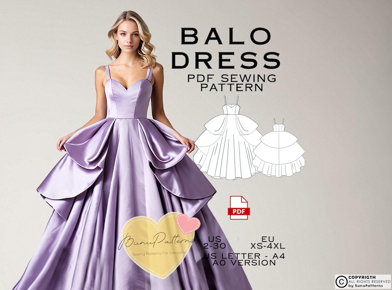 May include: A PDF sewing pattern for a purple ball gown dress. The pattern includes sizes US 2-30 and EU XS-4XL. The pattern is available in US Letter and A0 sizes.