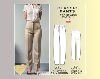 Classic Pants Sewing Pattern, Women's Pants PDF Sewing, Instant Download, US 2-30, Eu Xs 4xl, Plus Size Patterns, Woven Trousers