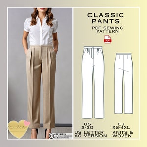 Patron de couture pour pantalon tissé classique : pantalon avec ceinture (Patron PDF)