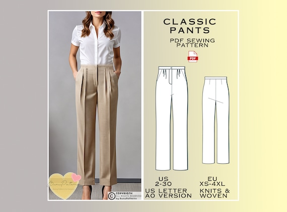 Classic Woven Pants Sewing Pattern: Waistband Trousers (PDF