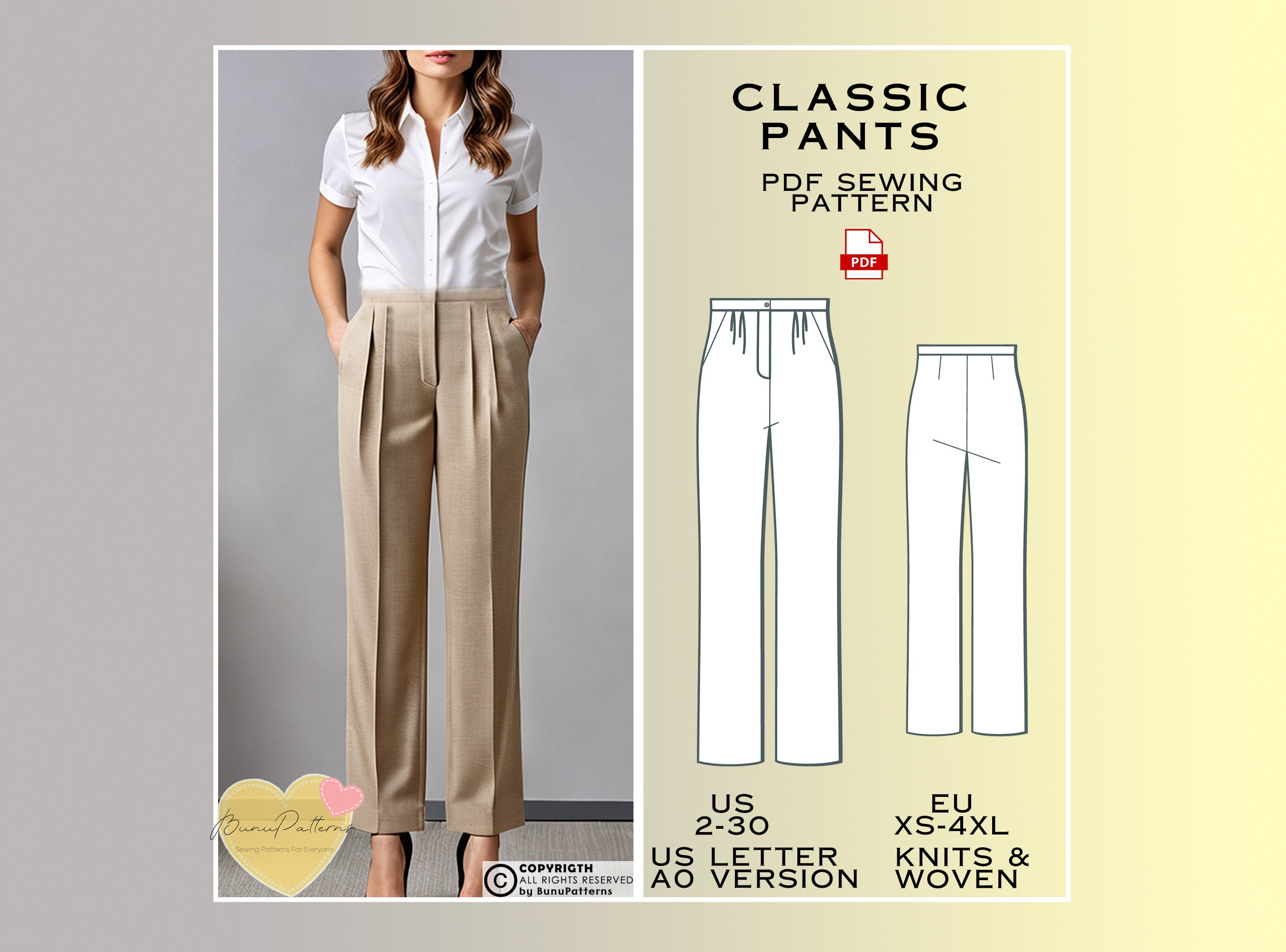 Classic Pants Sewing Pattern, Waistband Pants PDF Sewing