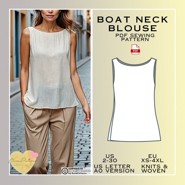 Boat Neck Blouse Sewing Pattern, T-Shirt PDF Sewing Pattern Instant Download, US Sizes 2-30, Eu Xs-4xl Plus Size Pattern, Top patterns