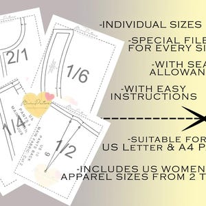 May include: A set of sewing patterns for pants, with individual sizes from 2 to 30. The patterns are printed on white paper with black lines and text. The text includes "Individual Sizes", "Special Files for Every Size", "With Seam Allowance", "With Easy Instructions", "Suitable for US Letter & A4 Paper", and "Includes US Women's Apparel Sizes from 2 to 30".