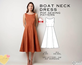 Puede incluir: Un patrón de costura digital para un vestido de cuello barco. El patrón está disponible en las tallas US 2-30 y EU XS-4XL. El patrón está disponible en tamaños A4 y A0.