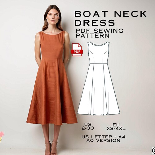 Boat Neck Midi Dress Sewing Pattern: Plus Size (US 2-30) (digital PDF) -  Etsy