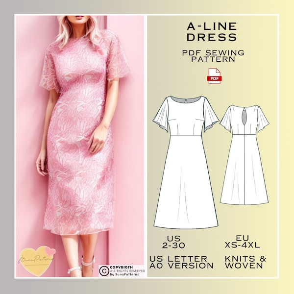 A-Line Dress Sewing Pattern, Below Knee Dress, PDF Sewing Pattern, Easy Digital Pdf, Eu Xs-4XL, Us Sizes 2-30, Plus Size Pattern