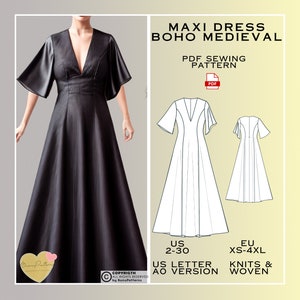 Maxi Dress Sewing Pattern, Medieval Boho Dress PDF Sewing Pattern Instant Download, Easy Digital Pdf, US Sizes 2-30, Plus Size Patterns