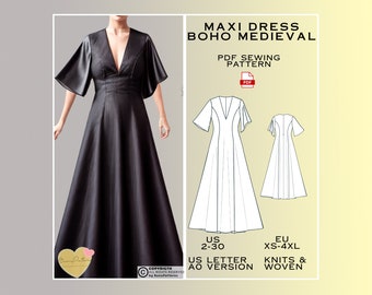 Maxi Dress Sewing Pattern, Medieval Boho Dress PDF Sewing Pattern Instant Download, Easy Digital Pdf, US Sizes 2-30, Plus Size Patterns