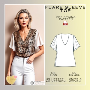 Flare Sleeve Top Sewing Pattern, Flared Sleeves PDF Sewing Pattern Instant Download, US Sizes 2-30, Plus Size Pattern, Office Shirts Pattern