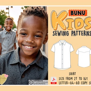 May include: A sewing pattern for a shirt for kids, with a white shirt illustration and the text "BUNU KIDS SEWING PATTERNS" in a yellow and orange font. The pattern is available in sizes from 2T to 16Y and is printed on A4 or AO paper.
