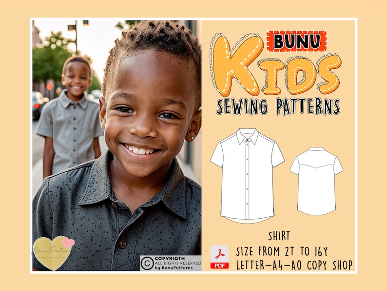 May include: A sewing pattern for a shirt for kids, with a white shirt illustration and the text "BUNU KIDS SEWING PATTERNS" in a yellow and orange font. The pattern is available in sizes from 2T to 16Y and is printed on A4 or AO paper.