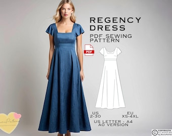 Regency Dress Sewing Pattern, Easy Plus Size Vintage Dresses (PDF)