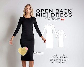 Open Back Midi Dress Sewing Pattern: US Sizes 2-30 (PDF Pattern)