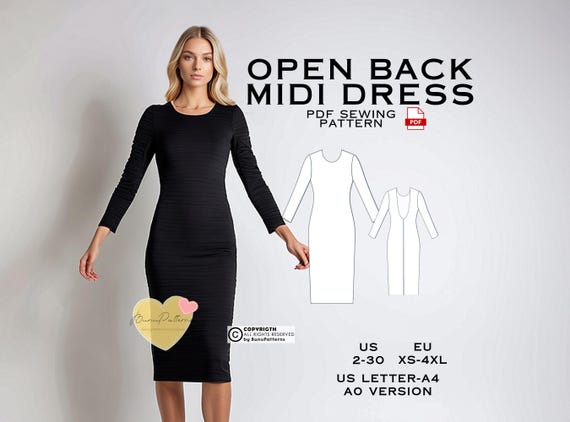 Open Back Midi Dress Sewing Pattern: US Sizes 2-30 (PDF Pattern) - Etsy