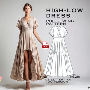 Hi-Low Dress Sewing Pattern, Prom Dress PDF Sewing Pattern Instant Download, Bridesmaid Dress, US 2-30 Plus Size, Eu Xs-4xl