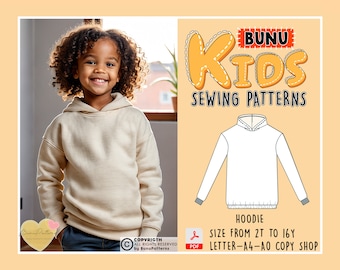 Puede incluir: Un patrón de costura para sudadera con capucha blanca para niños, tallas 2T a 16Y. El patrón está disponible en tamaño carta (A4) y en tamaño A0 para tiendas de copias. El patrón es para una sudadera con capucha con capucha y mangas largas. El patrón es de Bunu Kids Sewing Patterns.