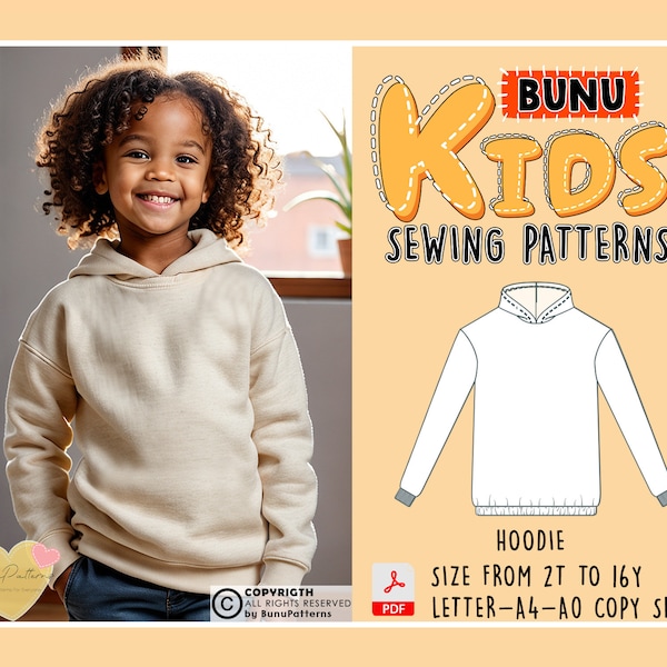 Kids' Hoodie Sewing Pattern, Children's Top PDF Sewing Pattern, Girl's & Boy's Sweatshirt Sewing Patterns, 2T-16Y Sizes, Instant Download