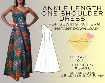 One Shoulder Dress Sewing Pattern, Eu XS-S-M-L-Xl-2Xl-3X-4Xl Dress PDF Sewing Pattern Instant Download, US Sizes 2-30, Plus Size Pattern
