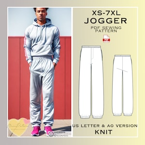 Puede incluir: Un patrón de costura PDF para joggers en tallas XS-7XL. El patrón incluye dos vistas de los joggers, una con un bolsillo delantero y otra sin. El patrón es para tejido de punto y está disponible en tamaños US Letter y A0. El texto "XS-7XL JOGGER PDF SEWING PATTERN" está en la parte superior de la imagen. El texto "US LETTER & AO VERSION KNIT" está en la parte inferior de la imagen.