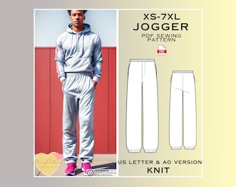 Männer Jogger Schnittmuster, Jogginghose Hose PDF Nähen, Sofort-Download, Männer Schnittmuster, Xs-7XL, Plus Size Schnittmuster, Lockere Hose