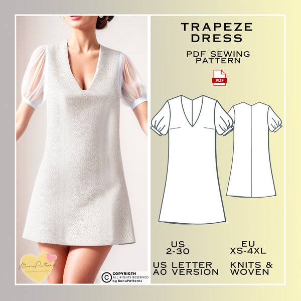 V Neck Trapeze Dress Sewing Pattern, Shift Dress Pattern, US 2-30, Eu Xs-S-M-L-Xl-2Xl-3Xl-4Xl PDF Sewing Patterns Office Dress Plus Size