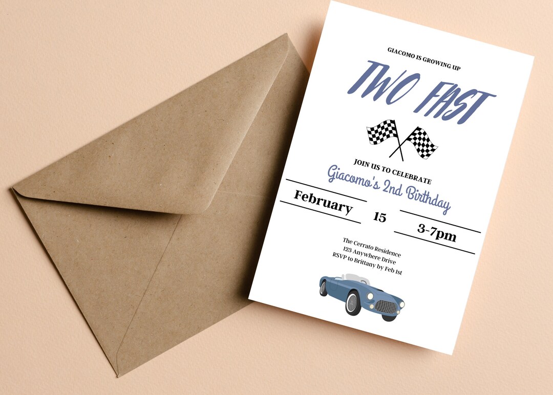 Two Fast Birthday Invitation, Vintage Race Car Invitation, Blue Race