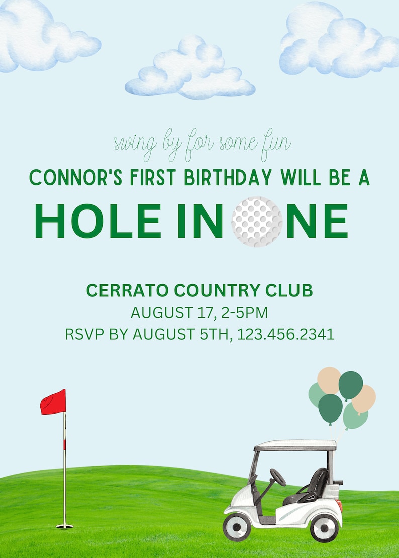 Editable Hole in One Birthday Invitation Golf First Birthday Par-tee