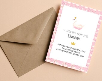 May include: A pink and white invitation with a swan illustration and gold crown. The invitation reads "A Celebration For Charlotte" with event details and a phone number. A brown envelope is next to the invitation.