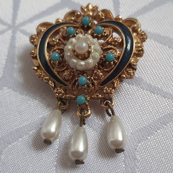 Vintage Florenza heart-shaped Victorian revival brooch