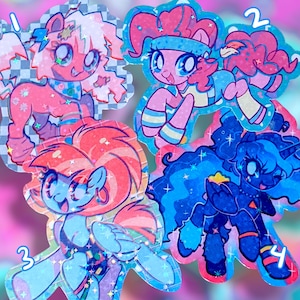 May include: Four colorful pony stickers with glitter accents. The stickers feature cartoon ponies in shades of pink, blue, and purple. Each pony has a unique design, with numbers 1 through 4 visible on the stickers.