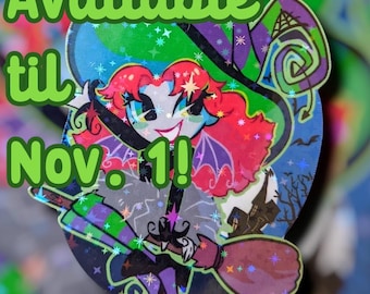May include: A holographic sticker featuring a cartoon character with bright red hair, purple wings, and a black outfit riding a broomstick. The background shows a moonlit night scene with a house and bats. The text reads Available til Nov. 1!