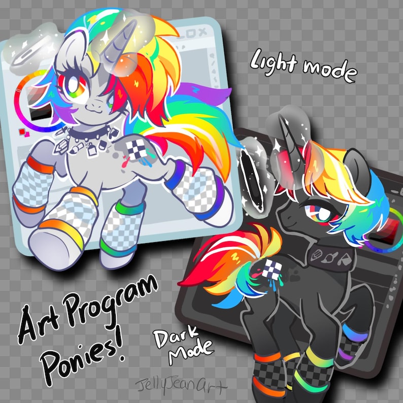 K&ouml;nnte beinhalten: Zwei Cartoon-Einhorn-Ponys, eines im hellen Modus und eines im dunklen Modus, mit Regenbogenm&auml;hne und -schwanz. Beide Ponys tragen karierte Beinstulpen und haben ein mit Farbe bespritztes Design. Der Text "Art Program Ponies!" befindet sich unter den Ponys, und "Dark Mode" befindet sich unter dem Pony im dunklen Modus.
