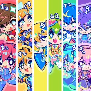 May include: A vibrant illustration featuring ten chibi-style characters, each with unique hairstyles and outfits. The characters are numbered and set against colorful vertical stripes. The artwork showcases a playful and animated aesthetic, perfect for stickers or prints.