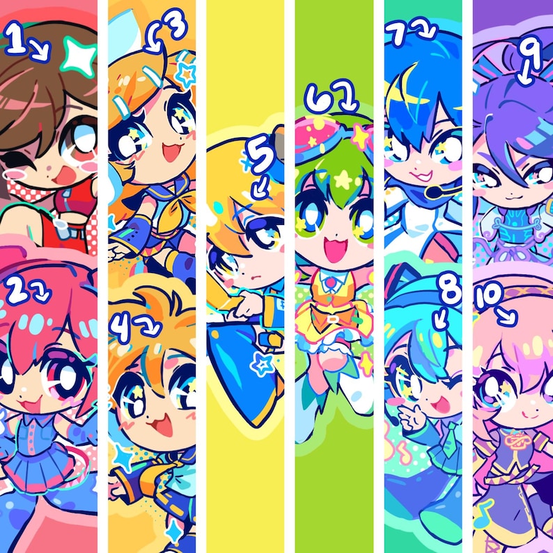 May include: A vibrant illustration featuring ten chibi-style characters, each with unique hairstyles and outfits. The characters are numbered and set against colorful vertical stripes. The artwork showcases a playful and animated aesthetic, perfect for stickers or prints.