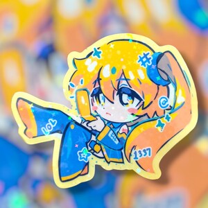 May include: A holographic sticker featuring an anime-style character with yellow hair and blue clothing. The character is holding a phone and has the text "lol" and "1337" on the sticker. The sticker has a yellow border and star accents.