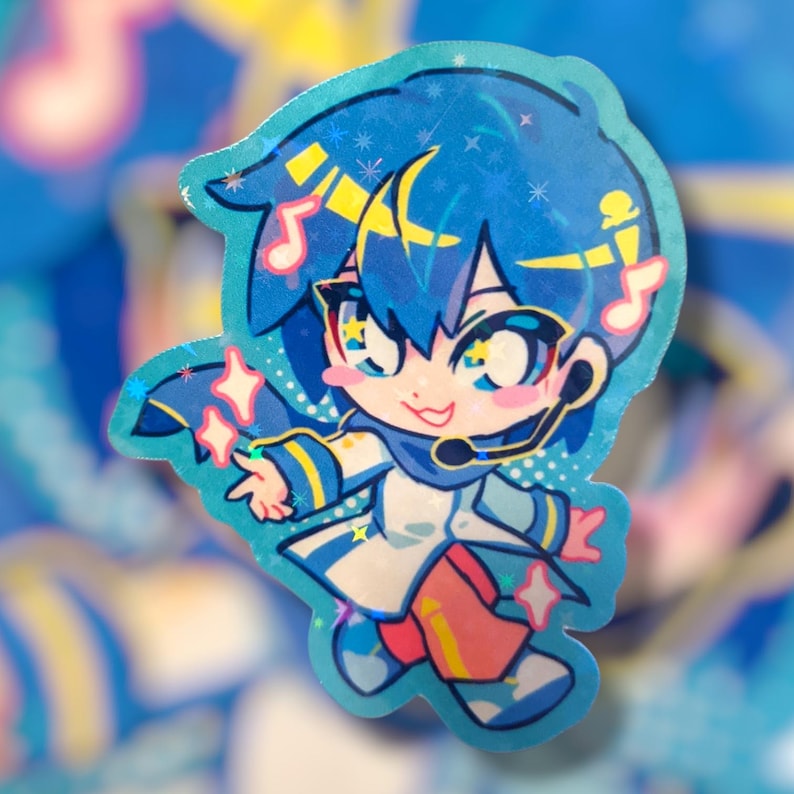 May include: A holographic sticker featuring a cartoon character with blue hair and a microphone headset. The character is wearing a white and blue outfit with red accents and is surrounded by musical notes and stars. The sticker has a shiny, iridescent finish.