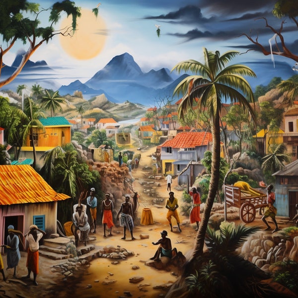 Tiburon Village Peinture, Ville haïtienne, Téléchargement numérique haïtien, Peinture originale, Art haïtien, Pop Art, ART original & Concept