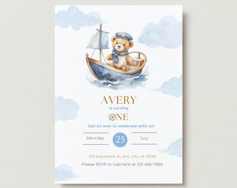 Nautical Sailor blue Birthday Invitation template Nautical Invitation Boat Invitation blue clip art coastal clip art bear