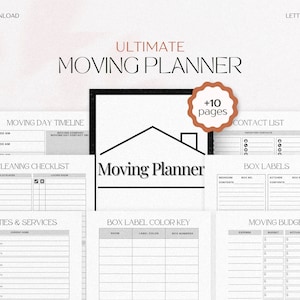 May include: A printable moving planner with a black and white design. The planner includes sections for a moving day timeline, cleaning checklist, utilities and services, box label color key, box labels, and a moving budget. The planner has a title that says "Ultimate Moving Planner" and a house icon with the words "Moving Planner".