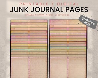 Junk Journal, Lined Papers, Ruled , Landscape, Dyed, Pages, Vintage Scrapbook, Printable Ephemera, Editable Canva Journal Page, Paper Craft