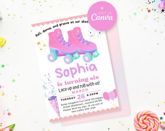 Canva Editable Pastel  Roller Skating Party Invitation | Party Invitation | Retro Theme Party | 90s Theme | Skating Party | Purple party