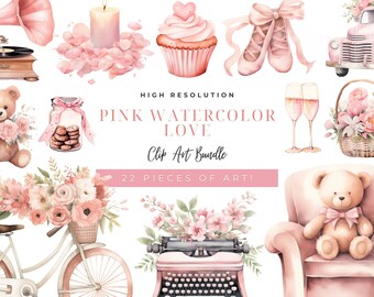 Clipart Set Party invitation Watercolor Pink Valentine French clip art vintage bear clip art baby girl invitations coquette aesthetic art