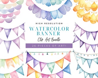 Watercolor Ribbon Banner Clipart Set, Party invitation, Baby shower clip art, Pastel colors clip art, birthday banner, party ribbon