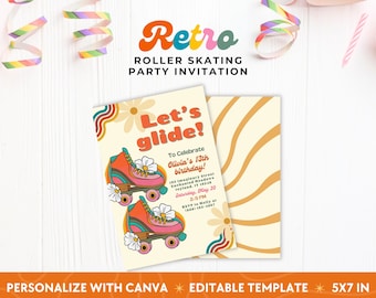 Retro Roller Skating Party Invitation Canva Editable Unisex Party Invitation Retro Theme Party 90s Theme Groovy Skating Party